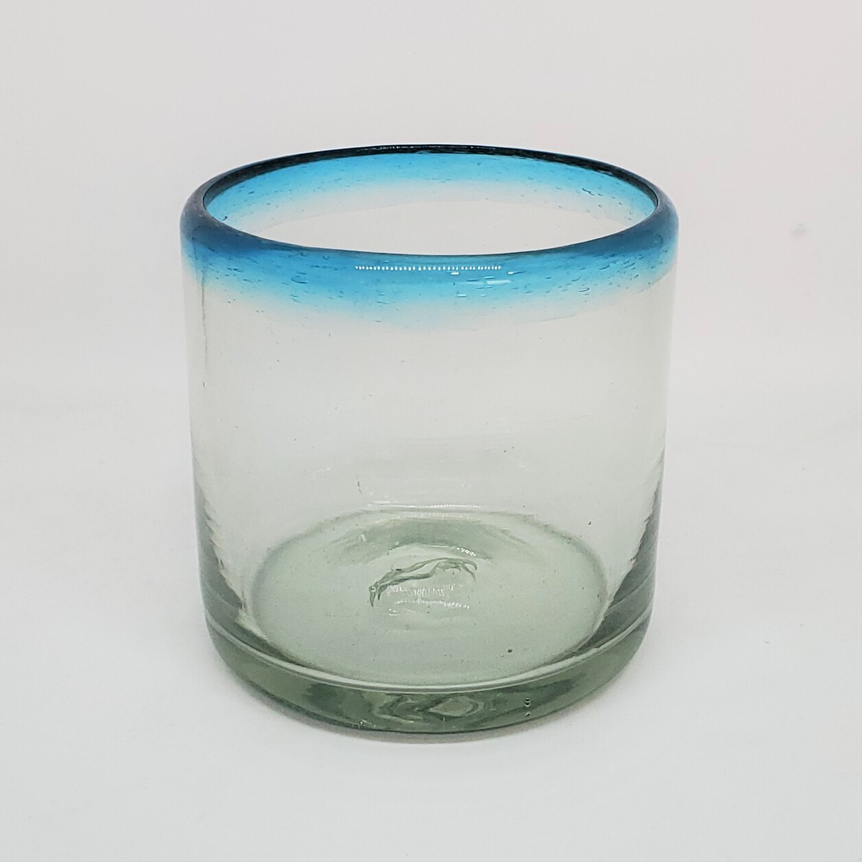 New Items / Aqua Blue Rim 8 oz DOF Rock Glasses (set of 6) / These glasses are just the right size to enjoy fresh squeezed fruit juice in the moning.